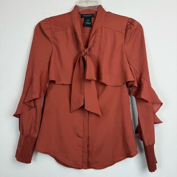 M M Couture Miss Me Rust Blouse w/Ruffle Chest & Smocked Sleeves & Bow Tie Sz M - Picture 9 of 14